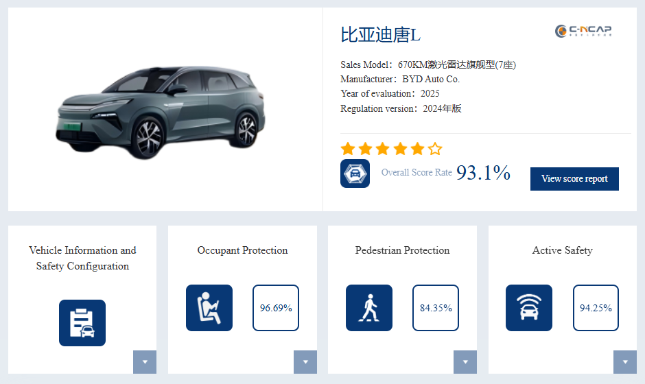 سيارة BYD Tang L المعروفة عالميًا بإسم (Atto 8) تحصد تقييم 5 نجوم من أصل 6 في اختبارات السلامة C-NCAP لعام 2025 1 سيارة BYD Tang L تحصد تقييم 5 نجوم من أصل 6 في اختبارات السلامة C-NCAP لعام 2025
