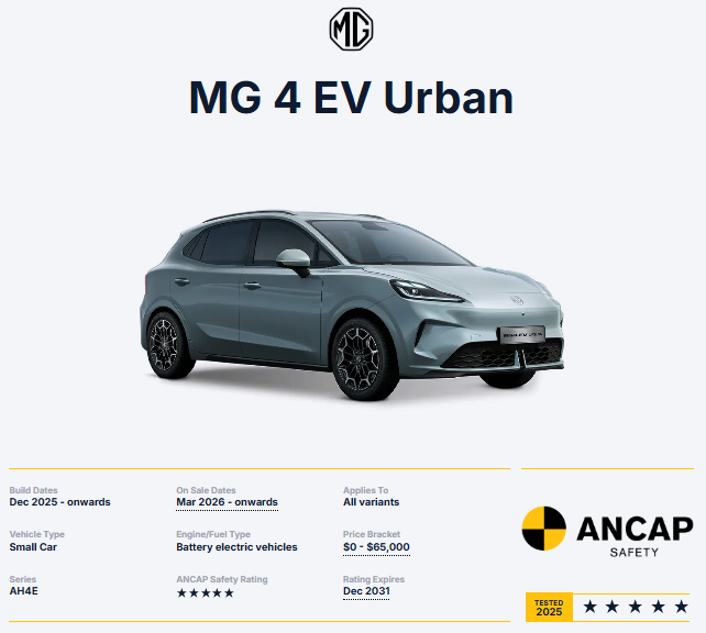 MG 4 EV Urban تحصد 5 نجوم في اختبارات السلامة ANCAP