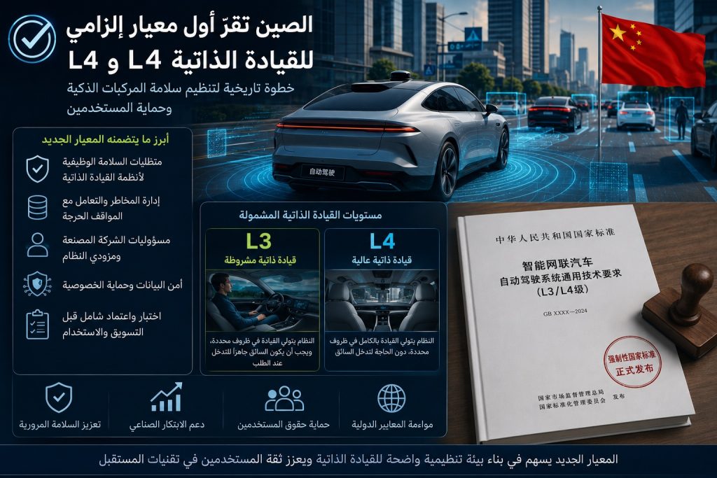 الصين تقر أول معيار إلزامي للقيادة الذاتية L3 وL4.. لا بيع لأي سيارة دون إثبات سلامتها بدءًا من 2027 1 الصين تقر أول معيار إلزامي للقيادة الذاتية L3 وL4.. لا بيع لأي سيارة دون إثبات سلامتها بدءًا من 2027